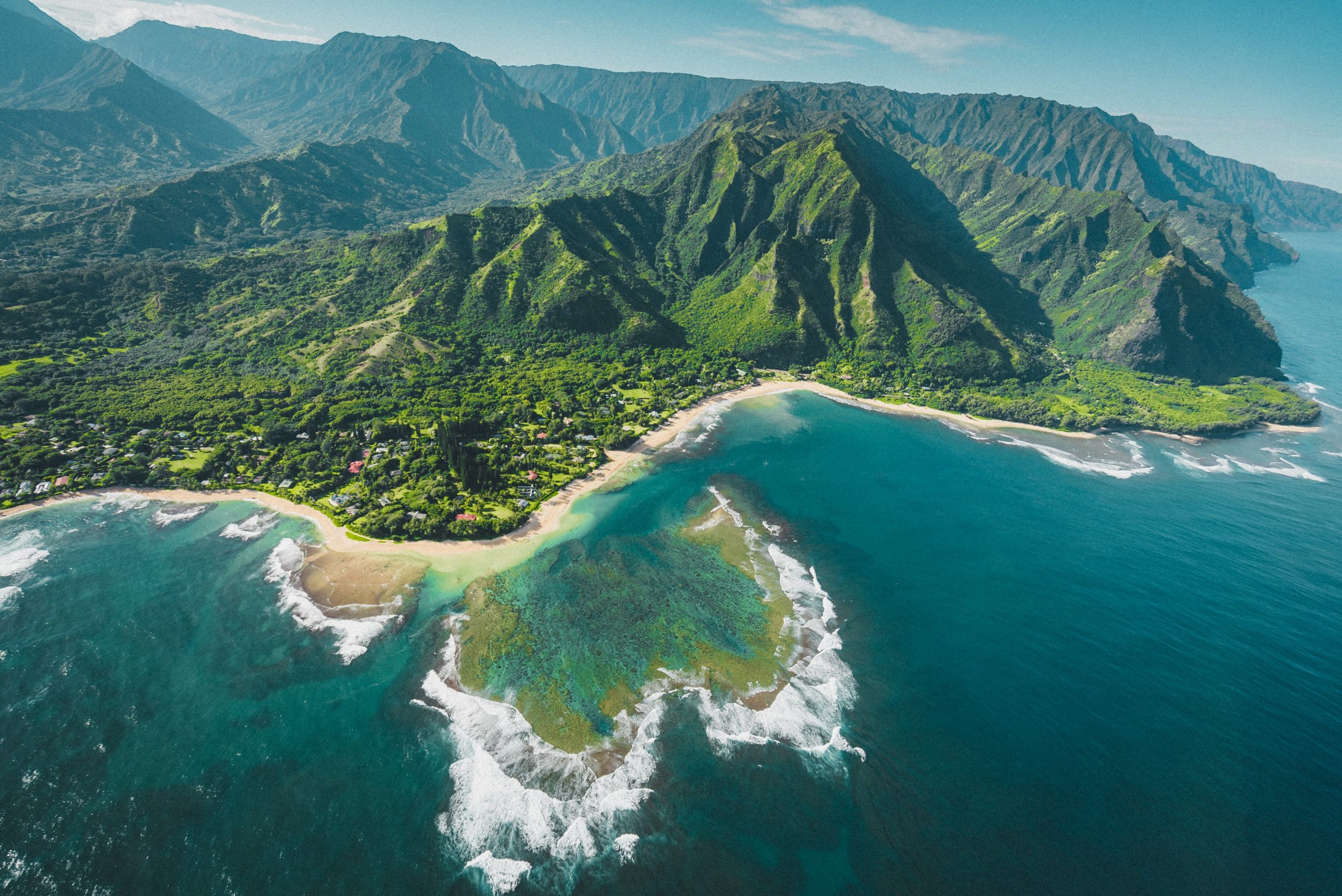 A beautiful view of an Hawaiian beach with a lone palm tree in the forefront